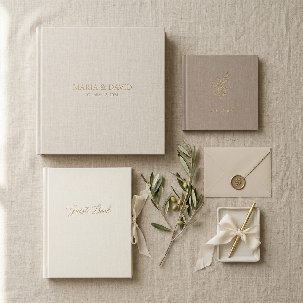 A linen layflat album, a guest book and a small photo book laid out together