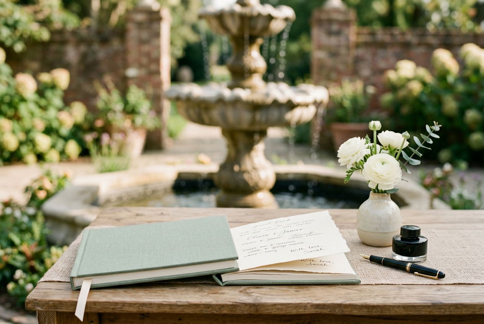 A linen wedding guest book on a welcome table beside a fountain pen