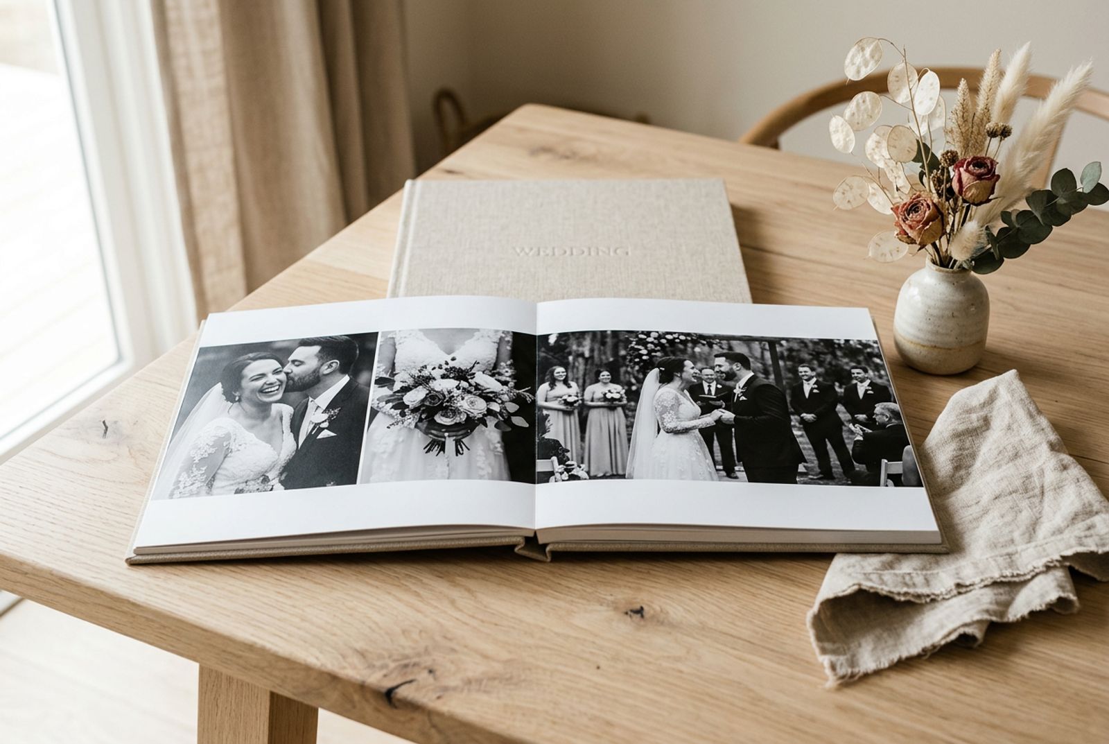 An open layflat wedding album on an oak table beside dried flowers