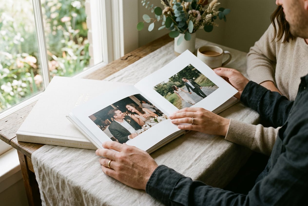 Hands turning the pages of an open photo-wrapped layflat album on a linen table